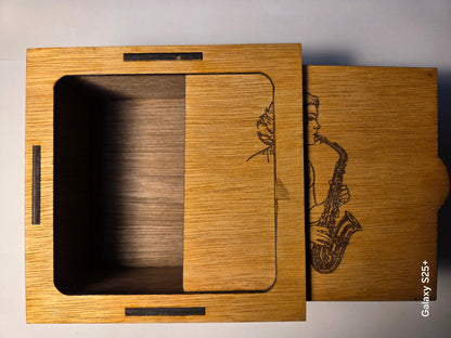 Wooden Box (125 x 125 x 55mm) with Saxophone Player